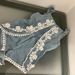 Blue Denim Romper with White Floral Lace